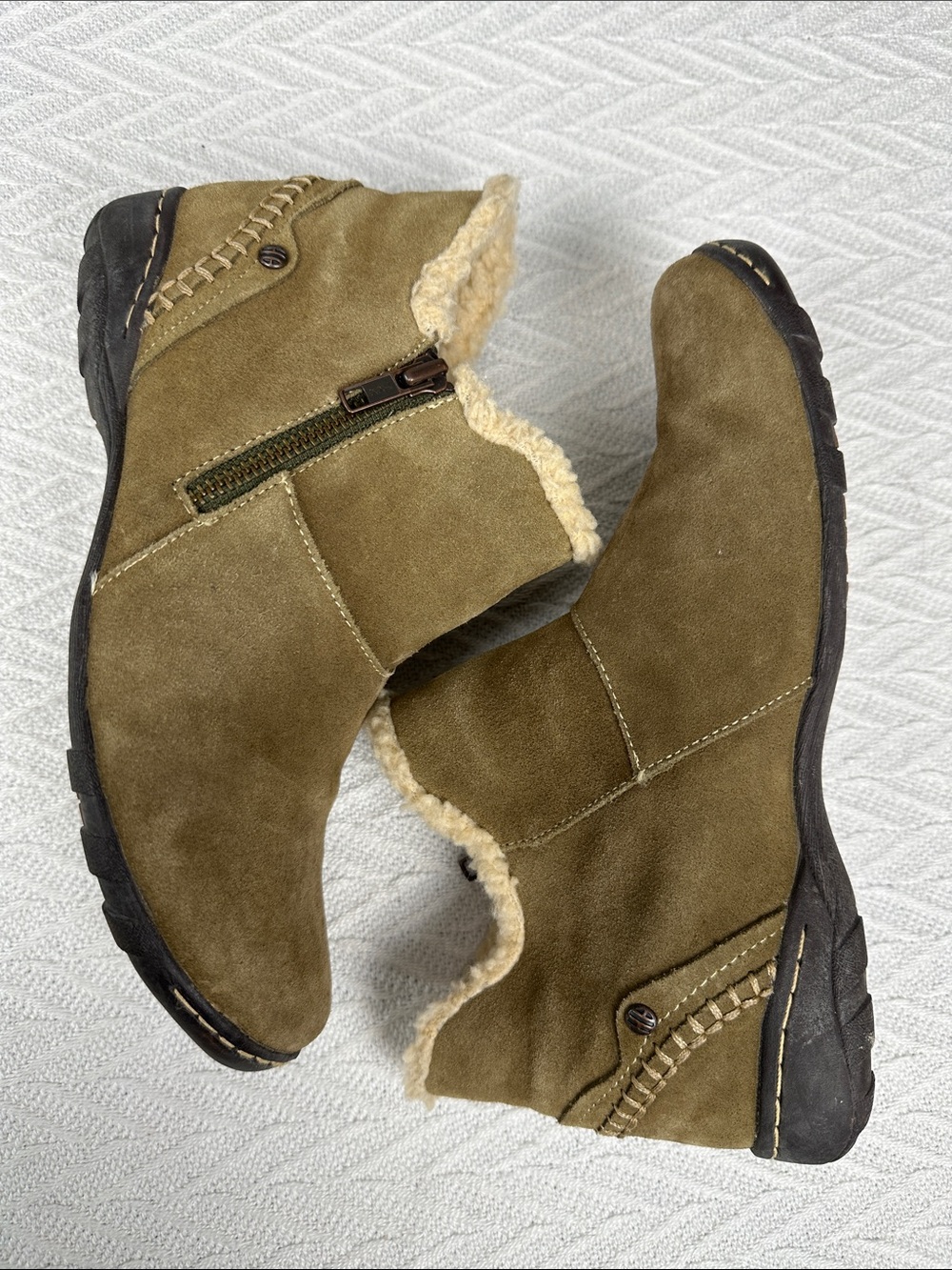 Hush Puppies Suede Waterproof Ankle Boots with faux Sherpa trim olive outdoors
